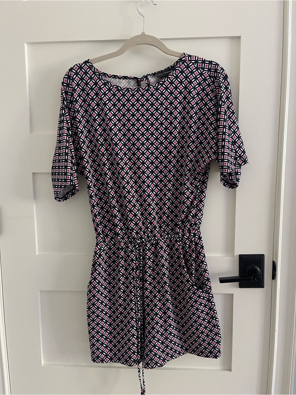 Jessica Howard geometric print romper pink, navy, and white diamond pattern XS